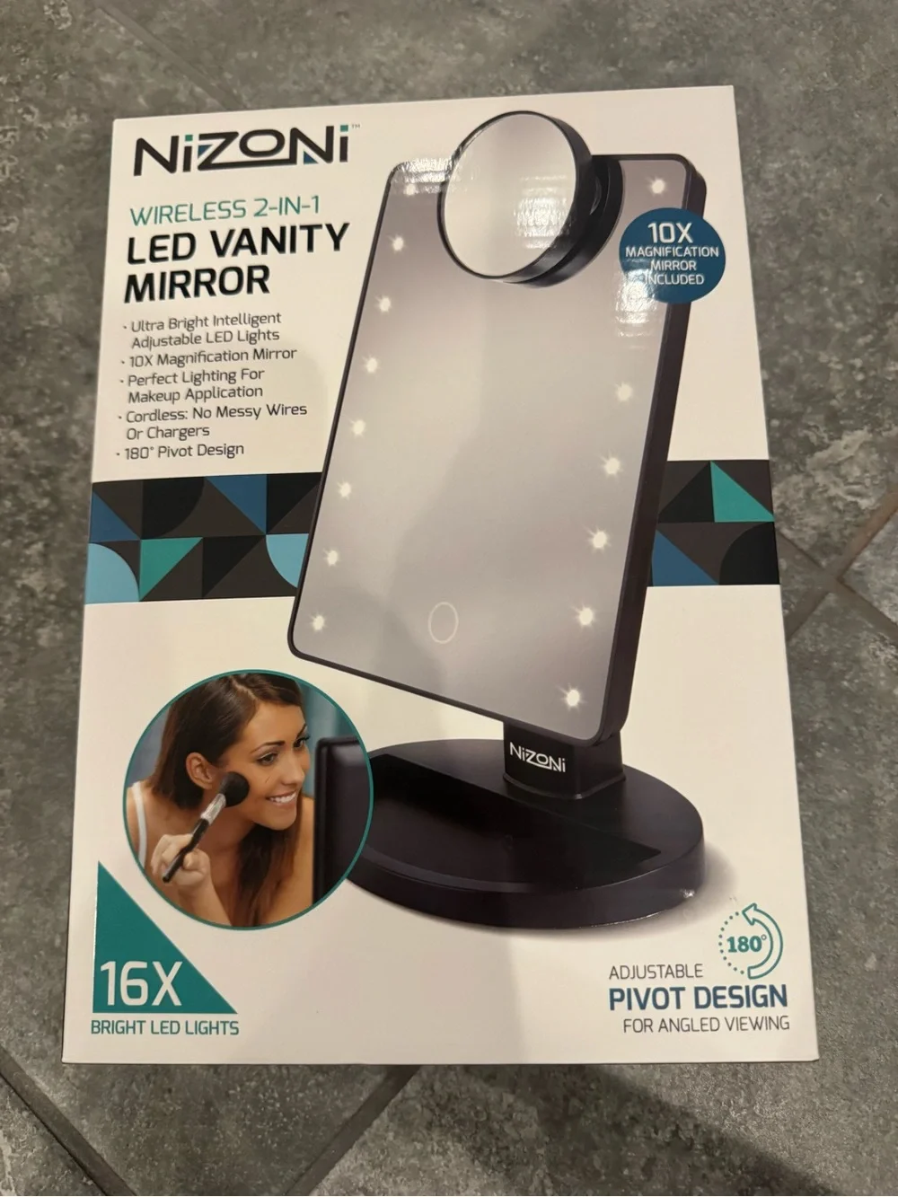 NiZONI Wireless 2-in-1 LED Vanity Mirror 10X Magnification 16X bright LED NEW